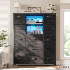 51" Tall Dresser with 15 Drawers & Charging Station | LED Lighting & Built-in Hutch | Steel Frame & Wood Top Bedroom Storage-Black-snhomee