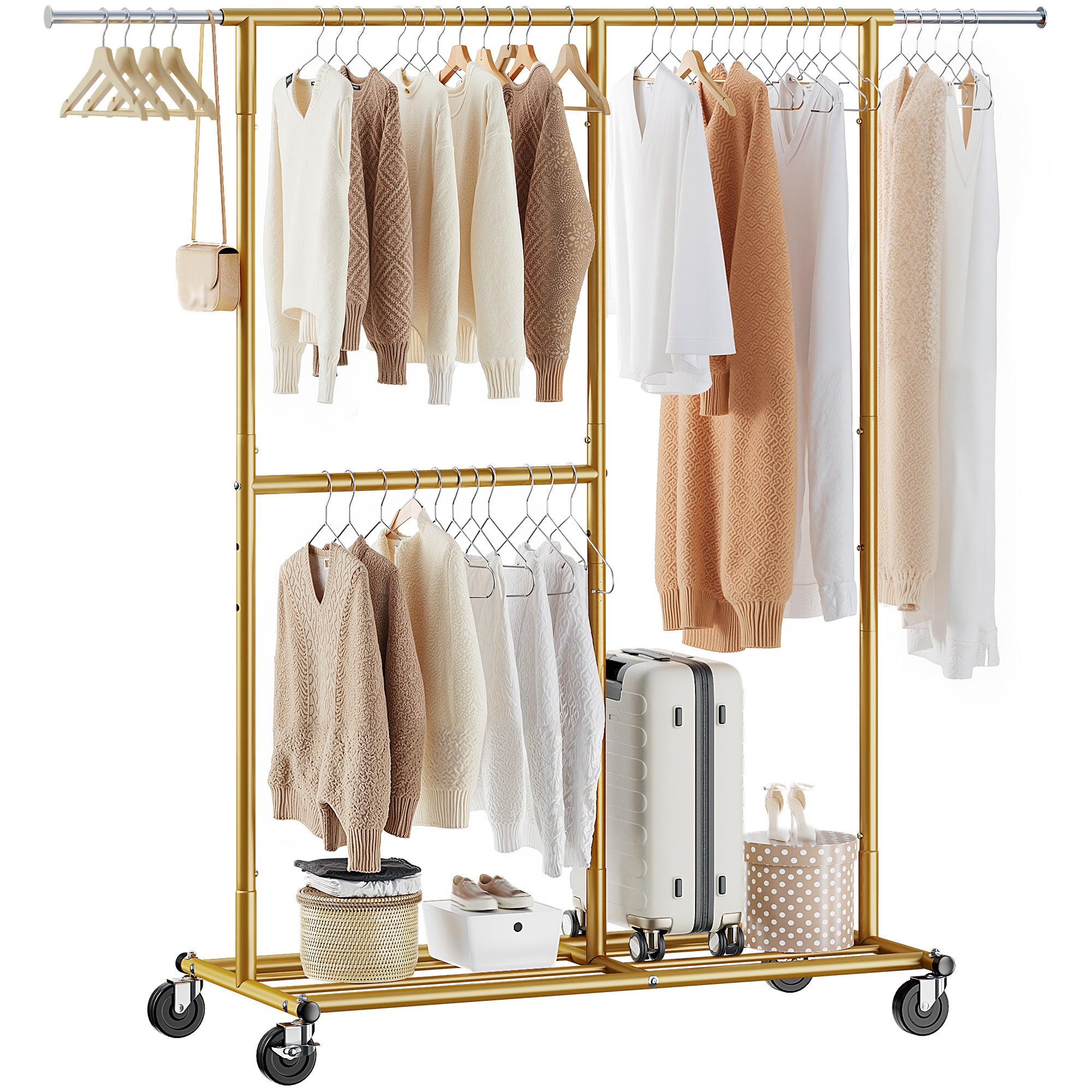 Snhomee 450 lbs Garment Rack with Wheels, Commercial Clothes Rack for Hanging-Home Storage > Clothes Rack-Gold-(45.3"-69.1")W x 17.8"D x 72"H-snhomee