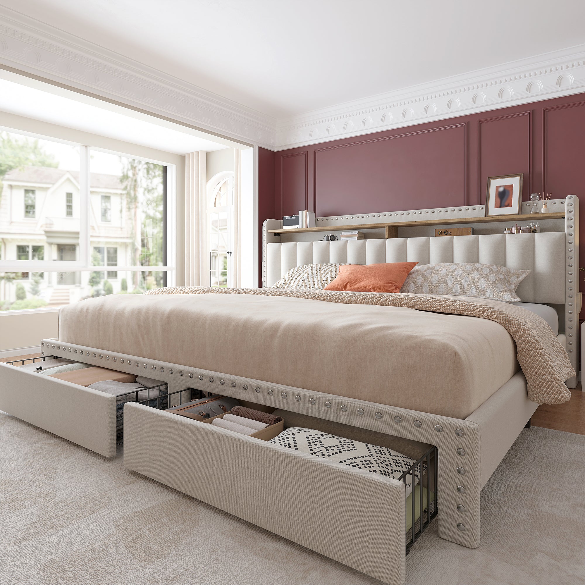 Metal Bed Frame with 2 Storage Drawers & Headboard - 900LBS Capacity, No Noise Design, Padded Platform, No Box Spring Needed, Back to School Beds On Sale