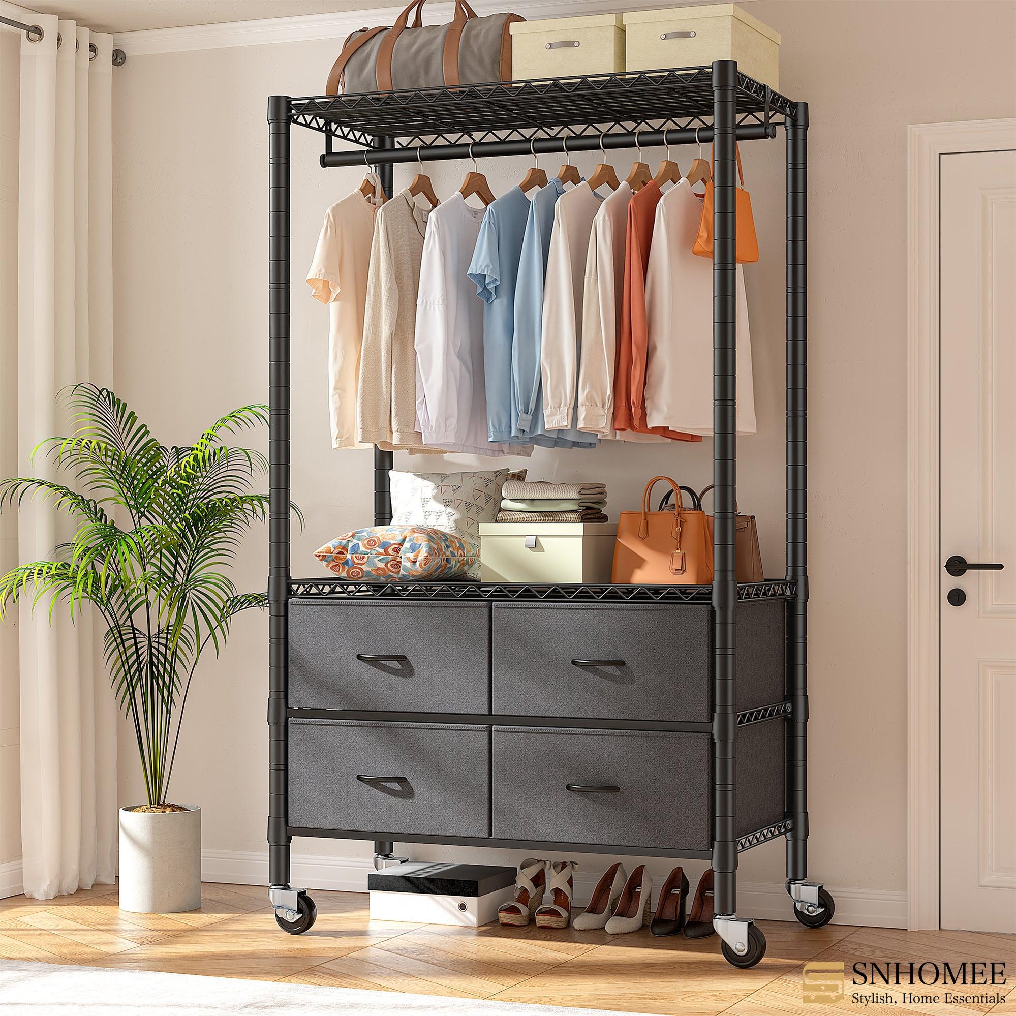 Snhomee Portable Clothes Rack with 4 Drawers Metal Clothing Garment Rack, Freestanding/Rolling-Home Storage > Clothes Rack-Black Rolling Rack-snhomee