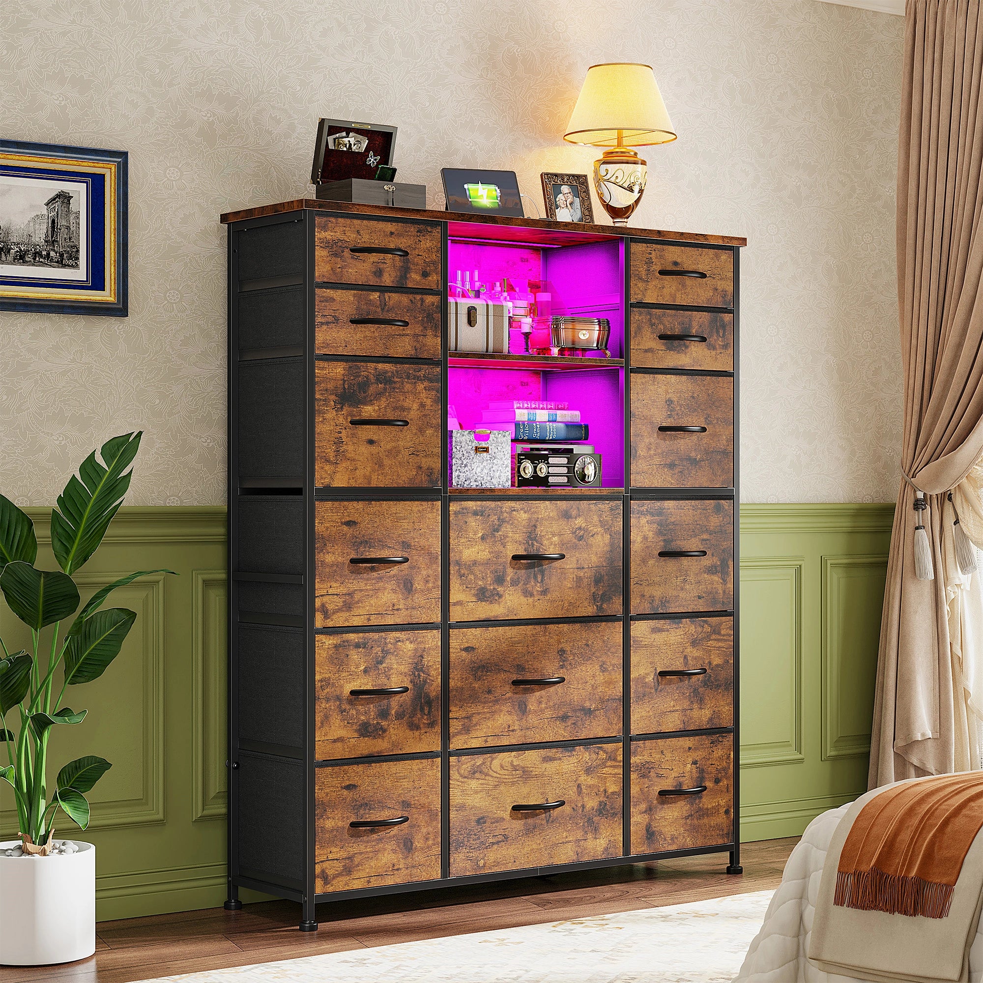 15-Drawer Smart Dresser with Charging Station & LED Lights - 51" Tall Fabric Storage Organizer, Steel Frame, Wood Shelves | No Assembly Hassle, Anti-Tip Safety, for Bedroom, Closet, Hallway