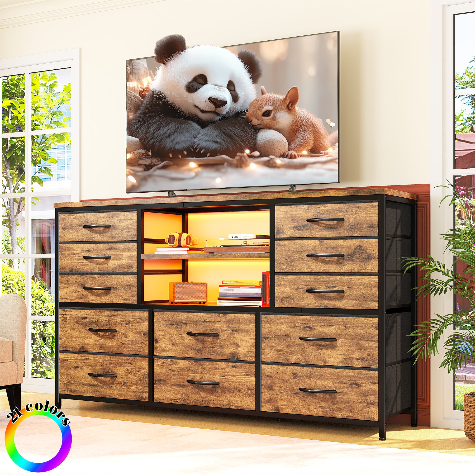 Snhomee 12-Drawer LED Dresser with USB Outlets - 60'' TV Stand for Bedroom & Living Room, Metal Frame Storage Cabinet 49''W x 35''H