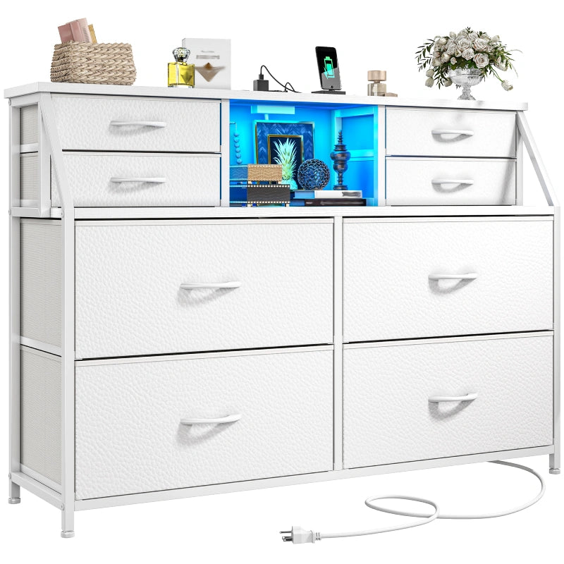 Snhomee 8-Drawer Dresser with LED Lights and Built-in Charging Station, Durable Storage Chest with Open Shelves for Bedroom, Living Room, or Hallway