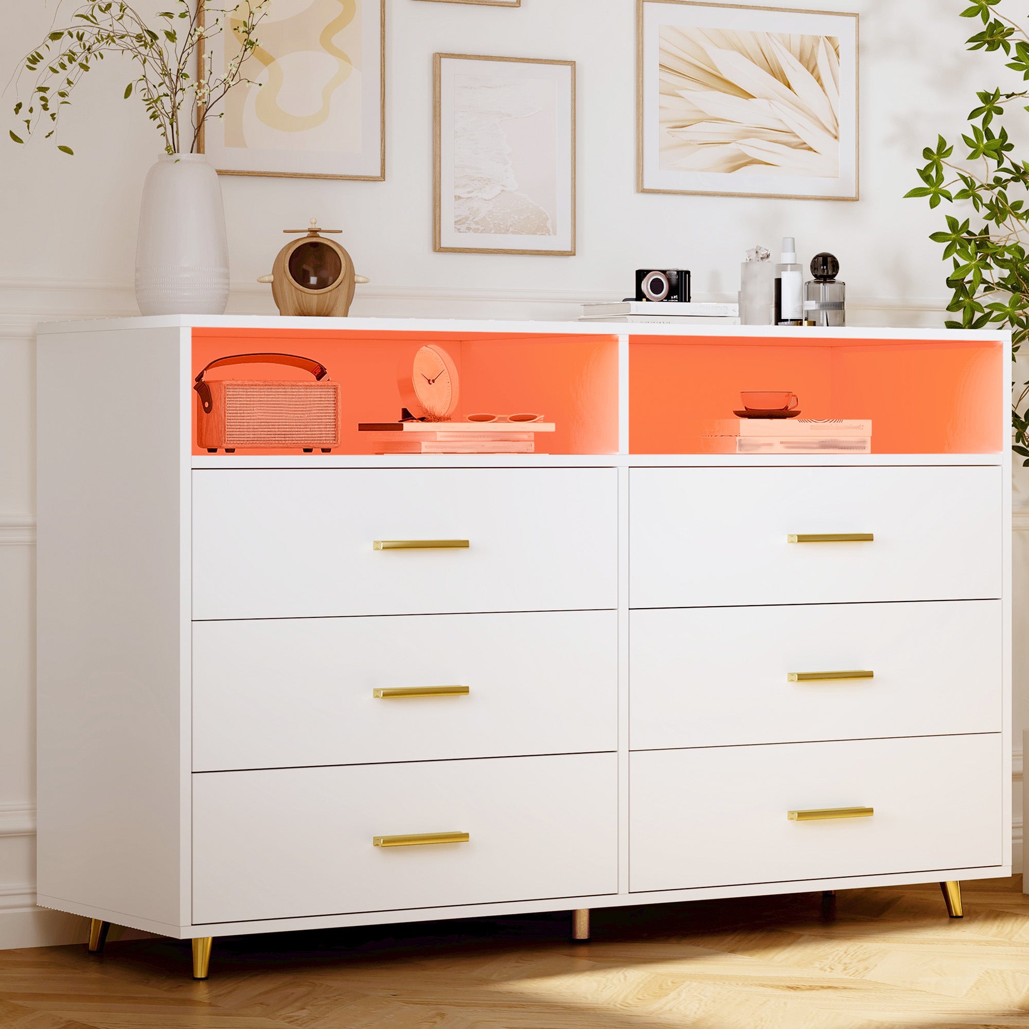 6 Drawers Dresser with LED Lights, Large TV Stand, 2 Open Shelves Top, 47"W Modern Chest with Anti-Tip Safety for Bedroom, Living Room & Small Spaces