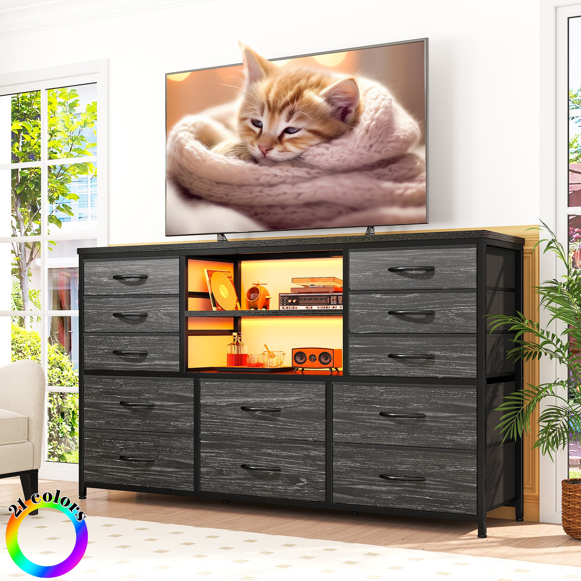 Snhomee 12-Drawer LED Dresser with USB Outlets - 60'' TV Stand for Bedroom & Living Room, Metal Frame Storage Cabinet 49''W x 35''H