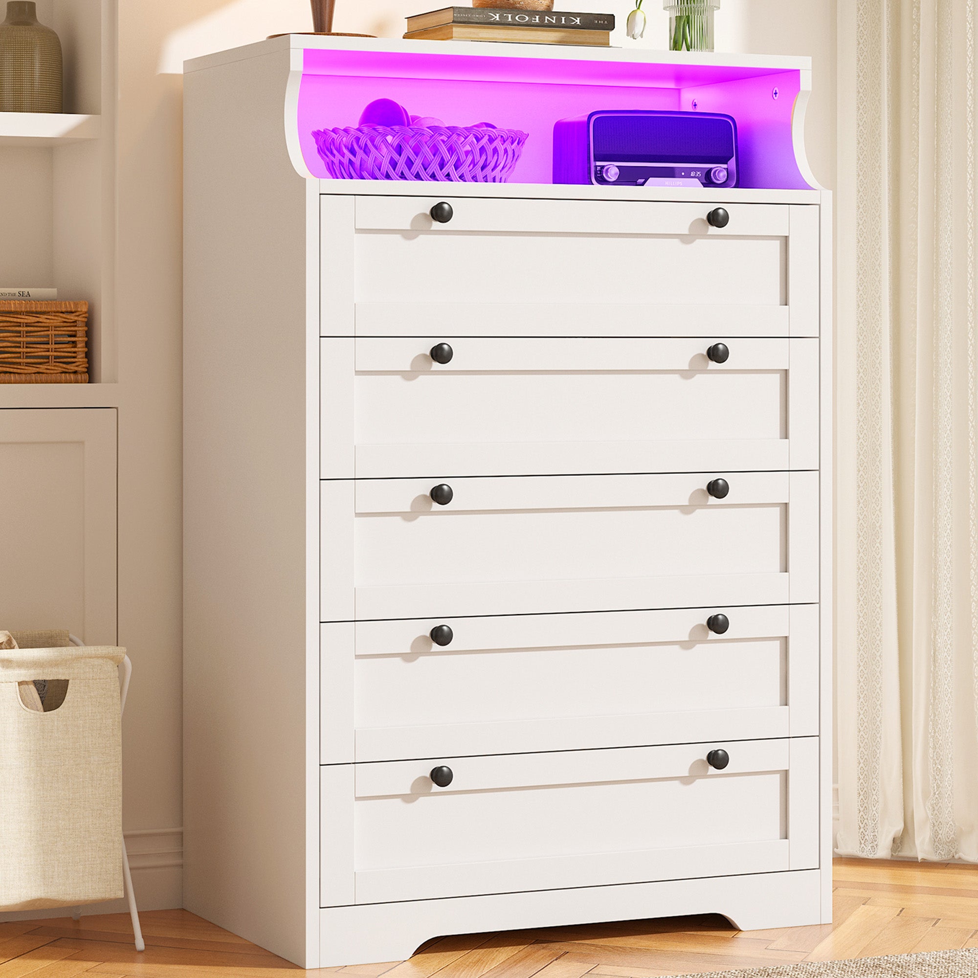 48"H 5-Drawer Wood Dresser and Chest with LED Lights for Bedroom