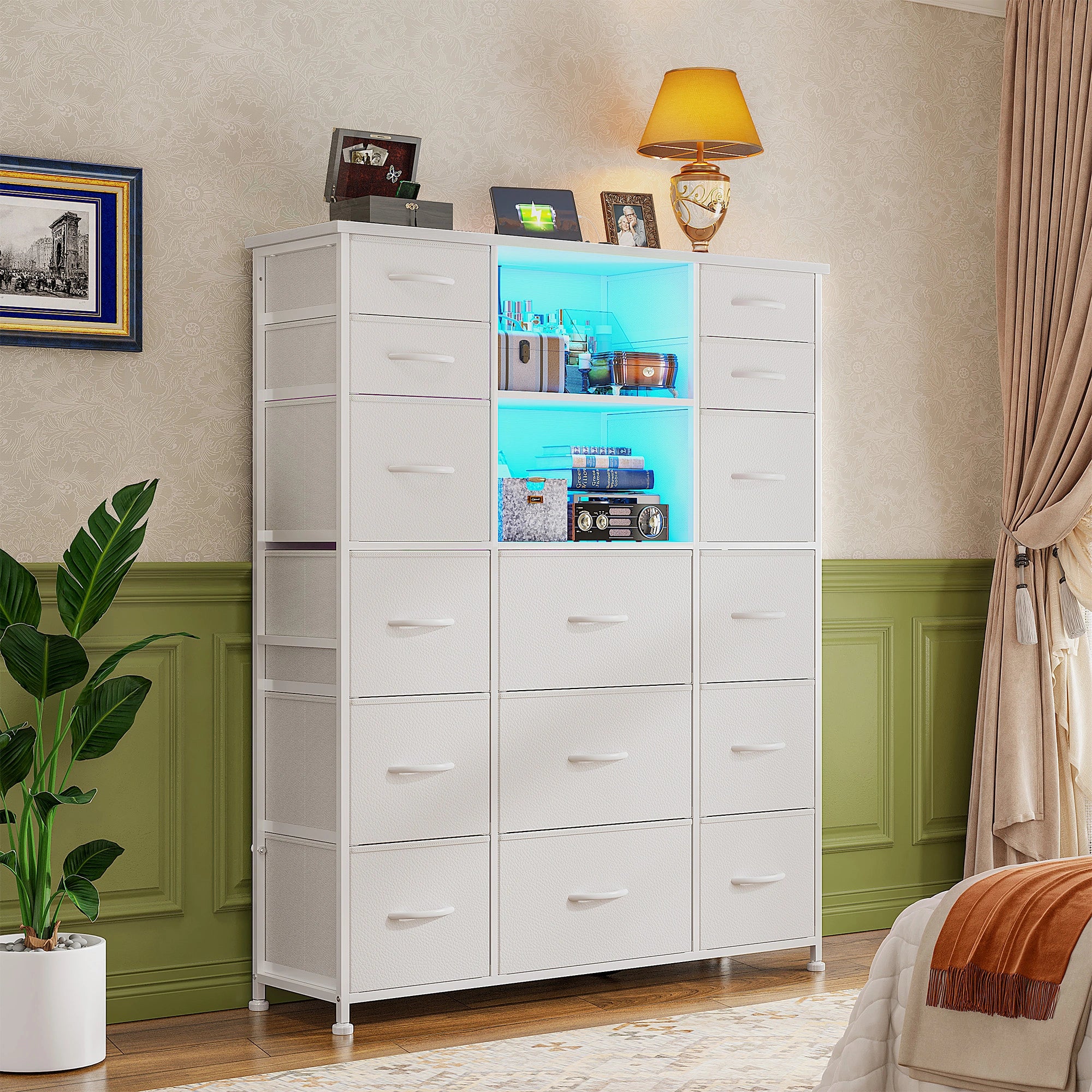 15-Drawer Smart Dresser with Charging Station & LED Lights - 51" Tall Fabric Storage Organizer, Steel Frame, Wood Shelves | No Assembly Hassle, Anti-Tip Safety, for Bedroom, Closet, Hallway