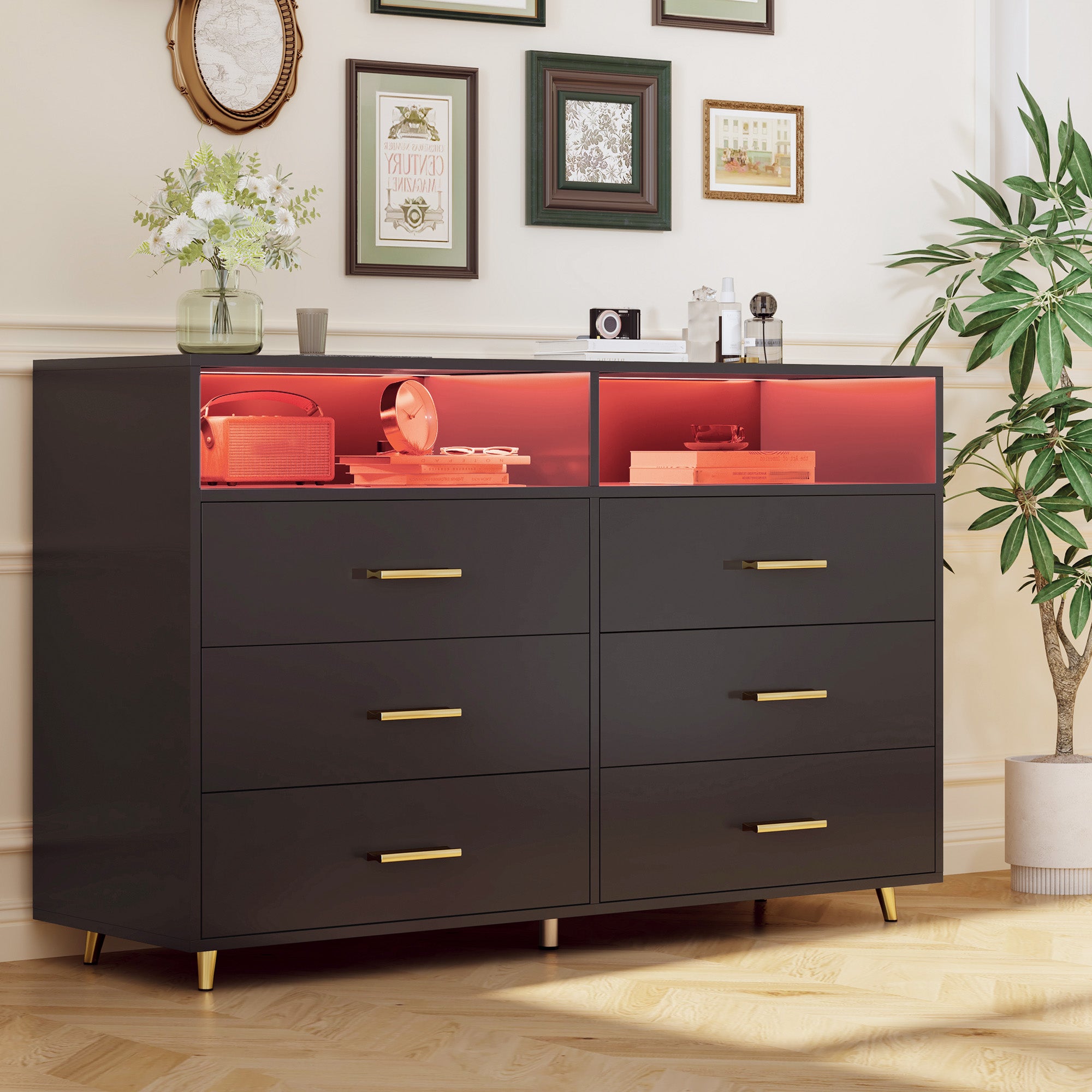 6 Drawers Dresser with LED Lights, Large TV Stand, 2 Open Shelves Top, 47"W Modern Chest with Anti-Tip Safety for Bedroom, Living Room & Small Spaces