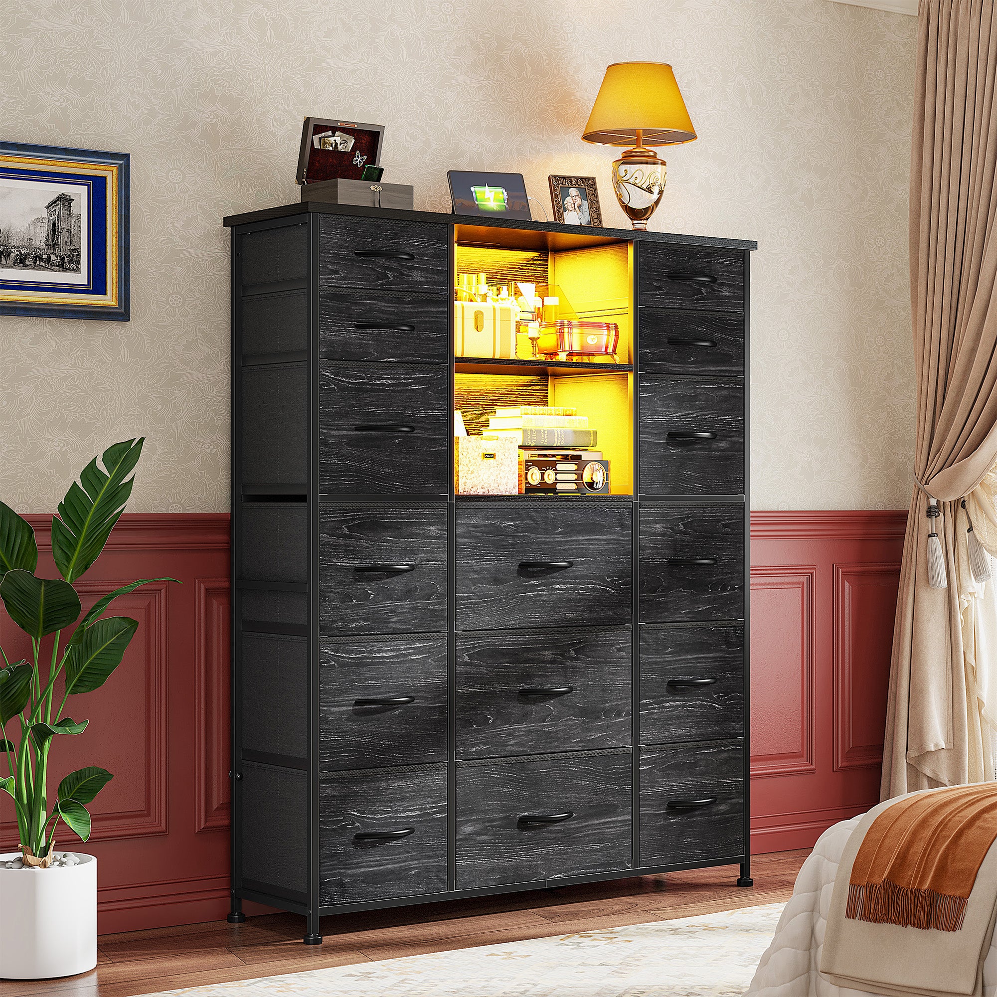 15-Drawer Smart Dresser with Charging Station & LED Lights - 51" Tall Fabric Storage Organizer, Steel Frame, Wood Shelves | No Assembly Hassle, Anti-Tip Safety, for Bedroom, Closet, Hallway