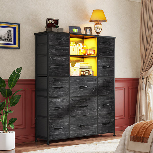 15-Drawer Smart Dresser with Charging Station & LED Lights - 51" Tall Fabric Storage Organizer, Steel Frame, Wood Shelves | No Assembly Hassle, Anti-Tip Safety, for Bedroom, Closet, Hallway