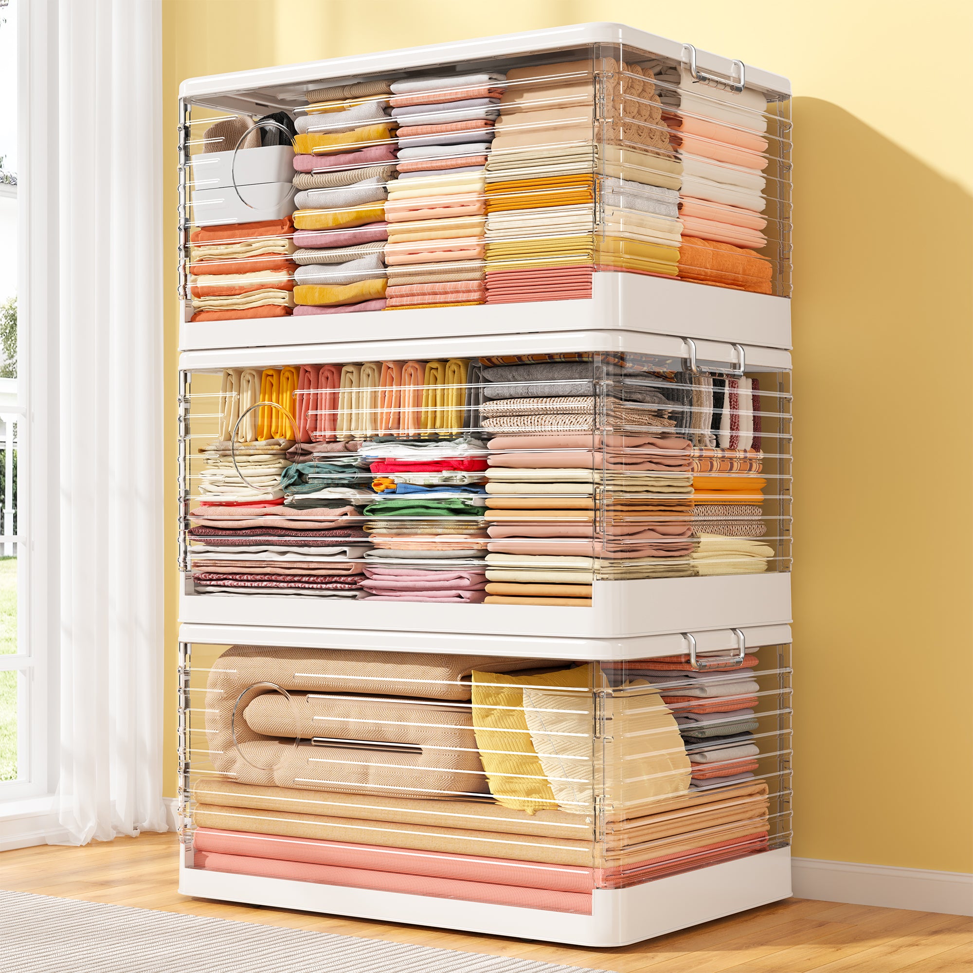 Snhomee Stackable Storage Bins, Collapsible Storage Bins on Wheels, Clear Storage Bins with lids