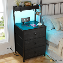 ‌Tall LED Nightstand with Charging Station & 3-Drawer Shelves | Bedside Table with USB/AC Outlets & 4 Hooks-Black-snhomee