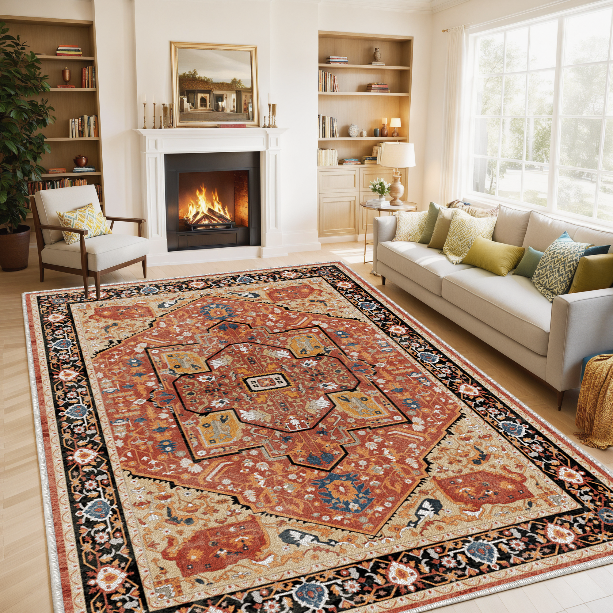 Boho Area Rugs,machine washable area rugs，area rugs for living room, Low Pile Vintage Carpet