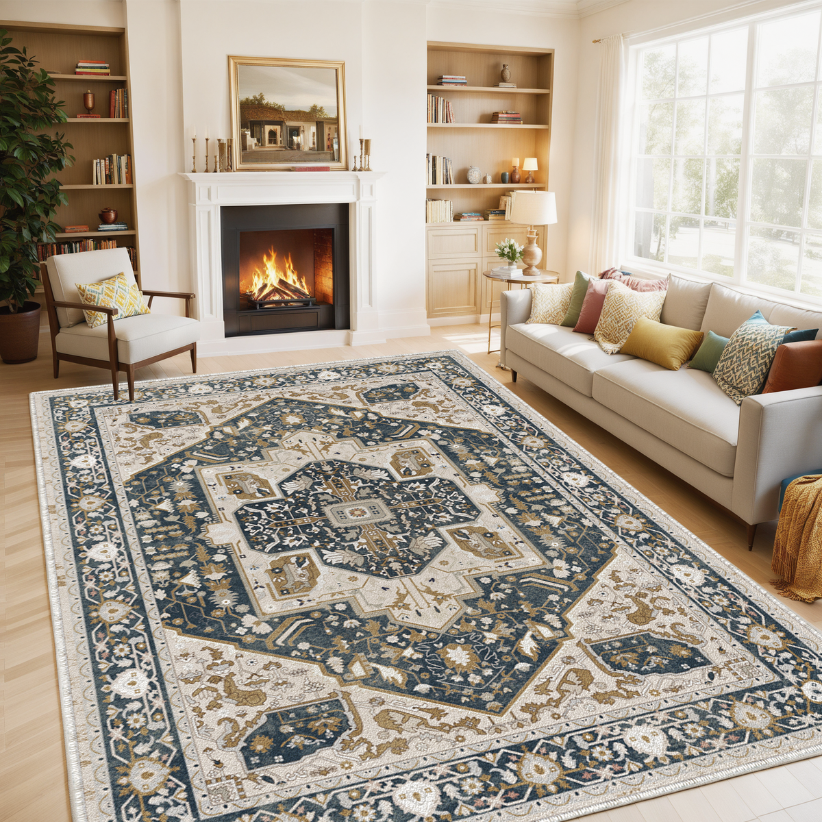 Boho Area Rugs,machine washable area rugs，area rugs for living room, Low Pile Vintage Carpet