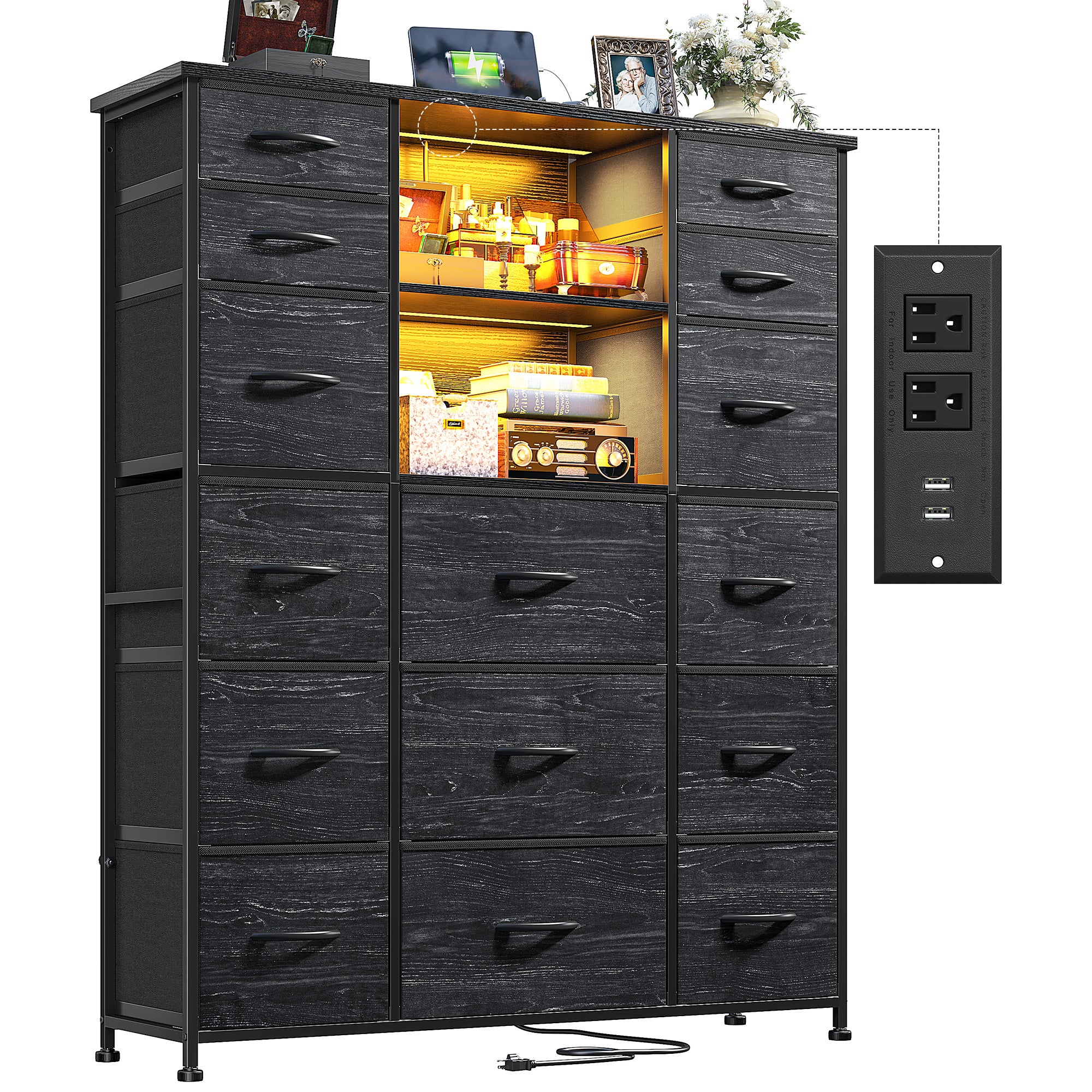 15-Drawer Smart Dresser with Charging Station & LED Lights - 51" Tall Fabric Storage Organizer, Steel Frame, Wood Shelves | No Assembly Hassle, Anti-Tip Safety, for Bedroom, Closet, Hallway