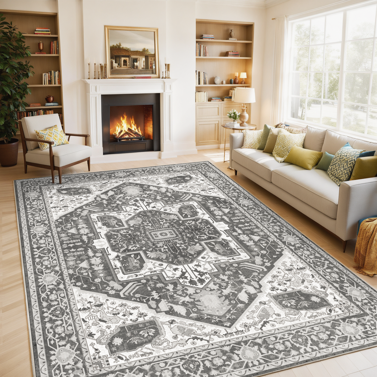 Boho Area Rugs,machine washable area rugs，area rugs for living room, Low Pile Vintage Carpet