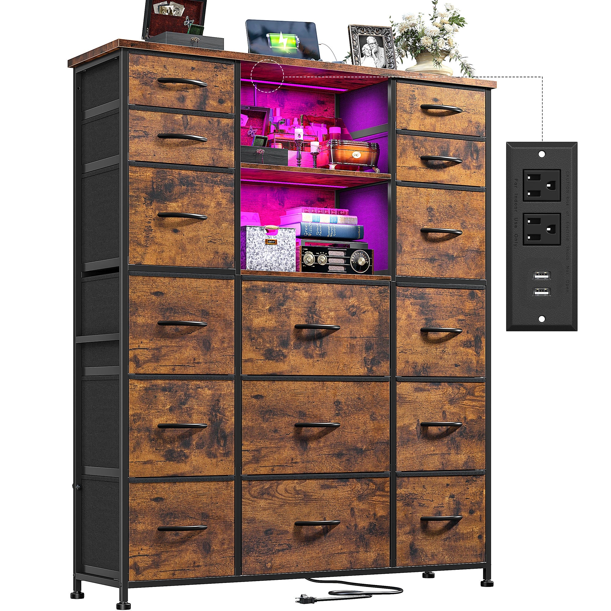 15-Drawer Smart Dresser with Charging Station & LED Lights - 51" Tall Fabric Storage Organizer, Steel Frame, Wood Shelves | No Assembly Hassle, Anti-Tip Safety, for Bedroom, Closet, Hallway