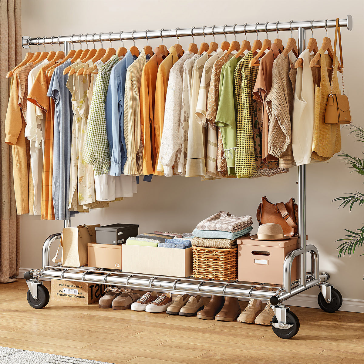 Snhomee 75"W 485LBS Clothes Rack, Metal Garment Rack With Wheels, Adjustable  Rolling Clothing Rack,  Portable Clothes Rack For Dorm