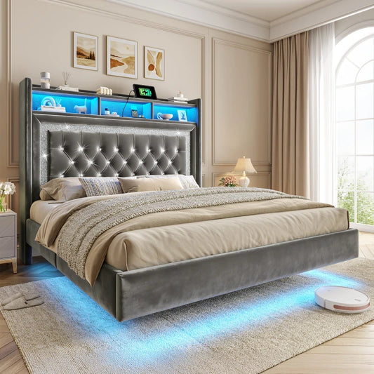 Snhomee Bed Frame Floating With Led Lights & Charging Station, Upholstered Platform Bed With Velvet Storage Headboard, Heavy Duty Metal Slats/No Box Spring Needed/Easy Assembly/Noise Free 800