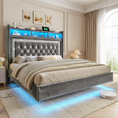 Snhomee Bed Frame Floating With Led Lights & Charging Station, Upholstered Platform Bed With Velvet Storage Headboard, Heavy Duty Metal Slats/No Box Spring Needed/Easy Assembly/Noise Free