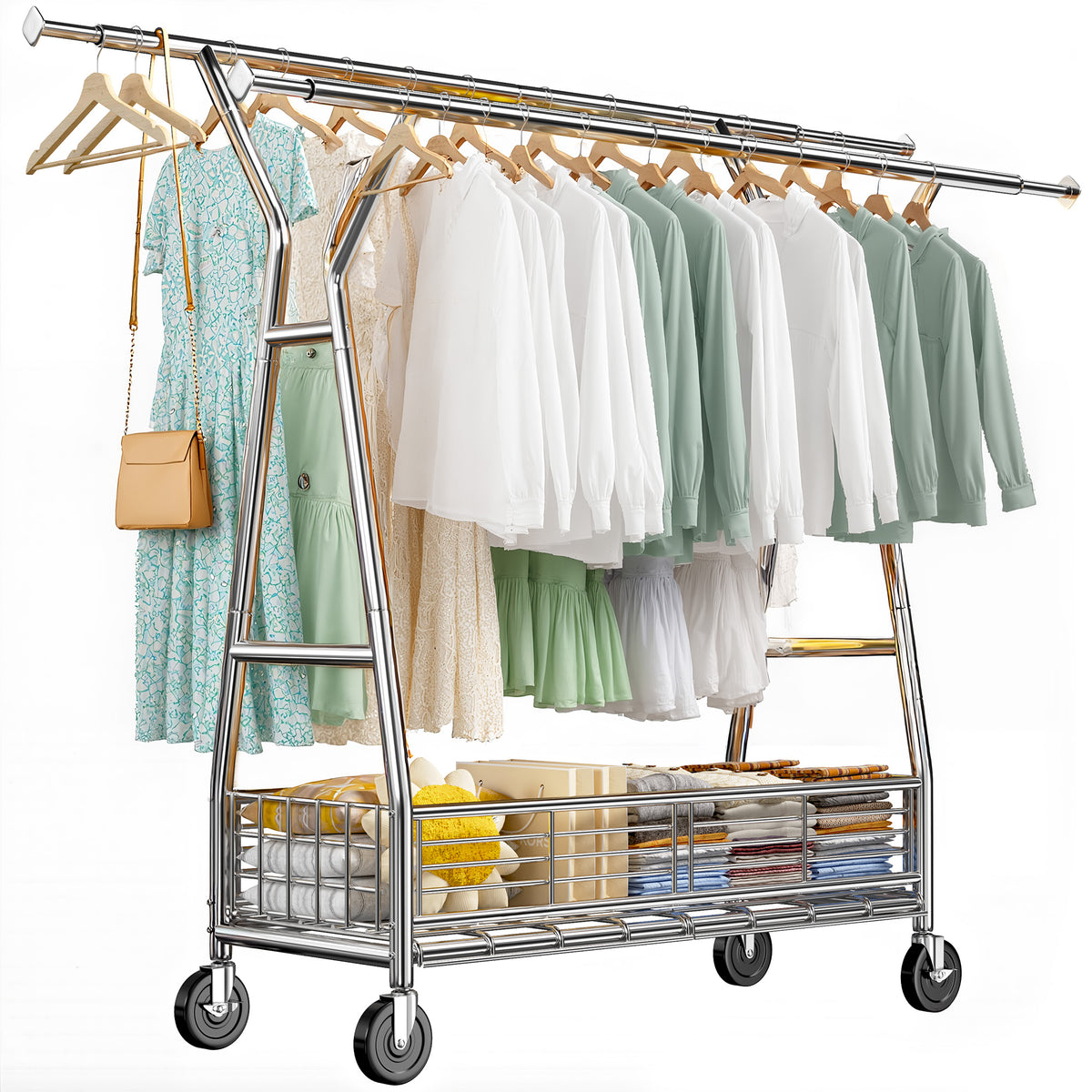 625lb Heavy Duty Commercial Clothing Rack - Rolling Steel Garment Rack with Shelves-Home Storage > Clothes Rack-(64-70)" H x (42.2-65.4)" W x 23" D-snhomee