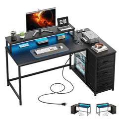 Snhomee L Shaped Computer Desk with Drawers, LED Lights & Power Outlet, Reversible Design Office Desk with Monitor Stand for Gaming & Home Offic