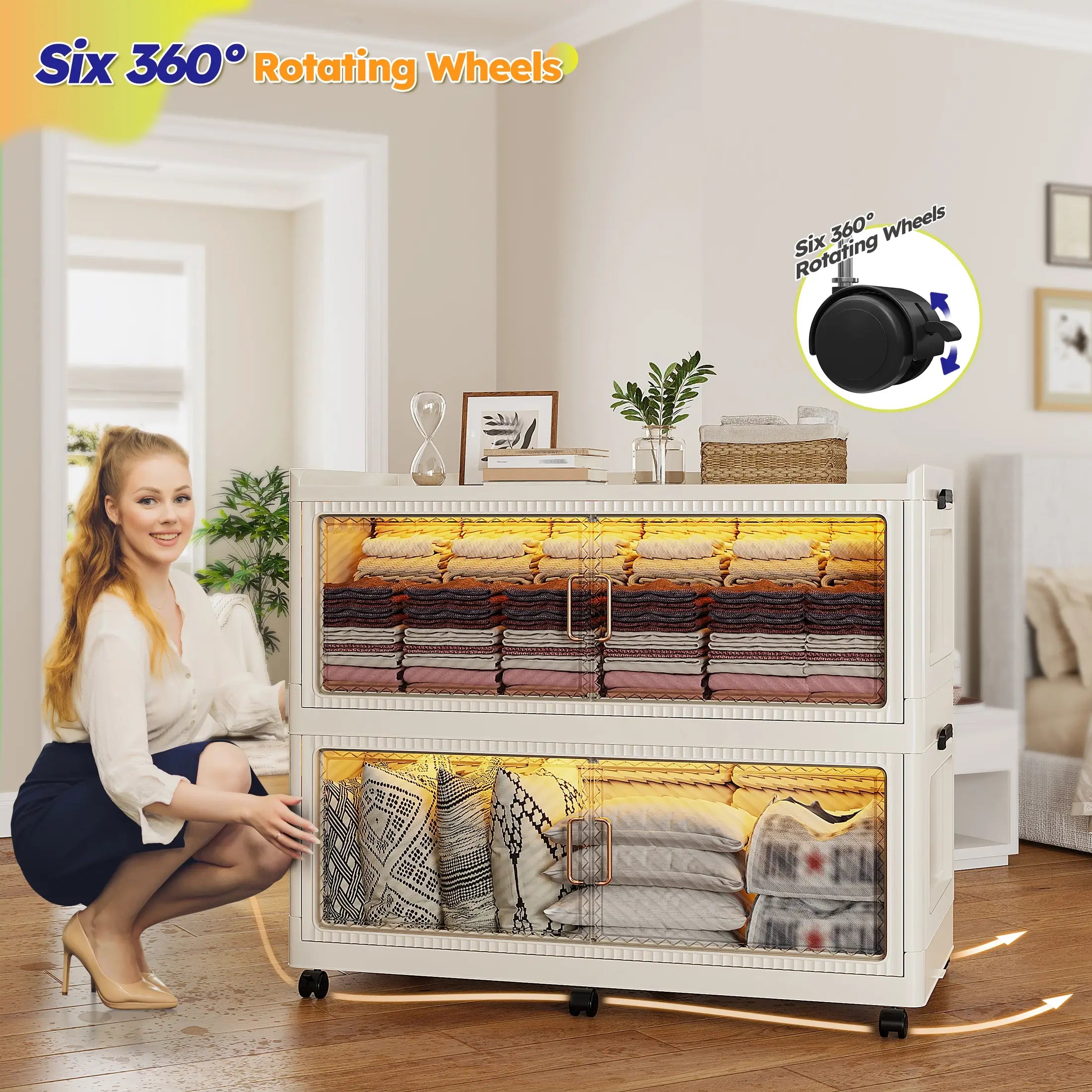 Snhomee Stackable Storage Bins with Wheels，Storage Bins with Lids For Bedroom, Kitchen