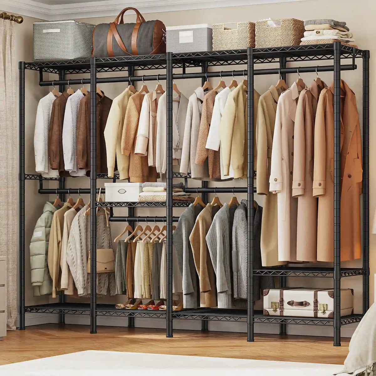 Snhomee 77"H 1150LBS Heavy Duty Freestanding Portable Closet Organizer,Clothes Hanging Rack With Shelves,Garment Rack,Adjustable&Sturdy