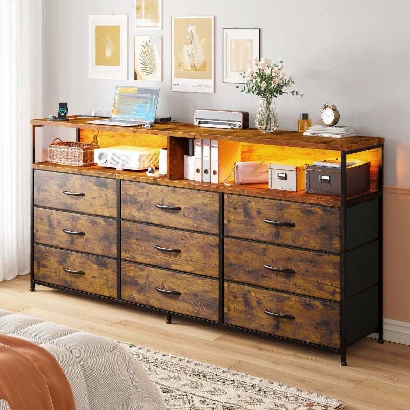 Snhomee Dresser TV Stand with 9 Drawers & Charging Station– 55" Wide Media Console LED lights & Wood Shelves for Bedroom, Living Room, or Dorm