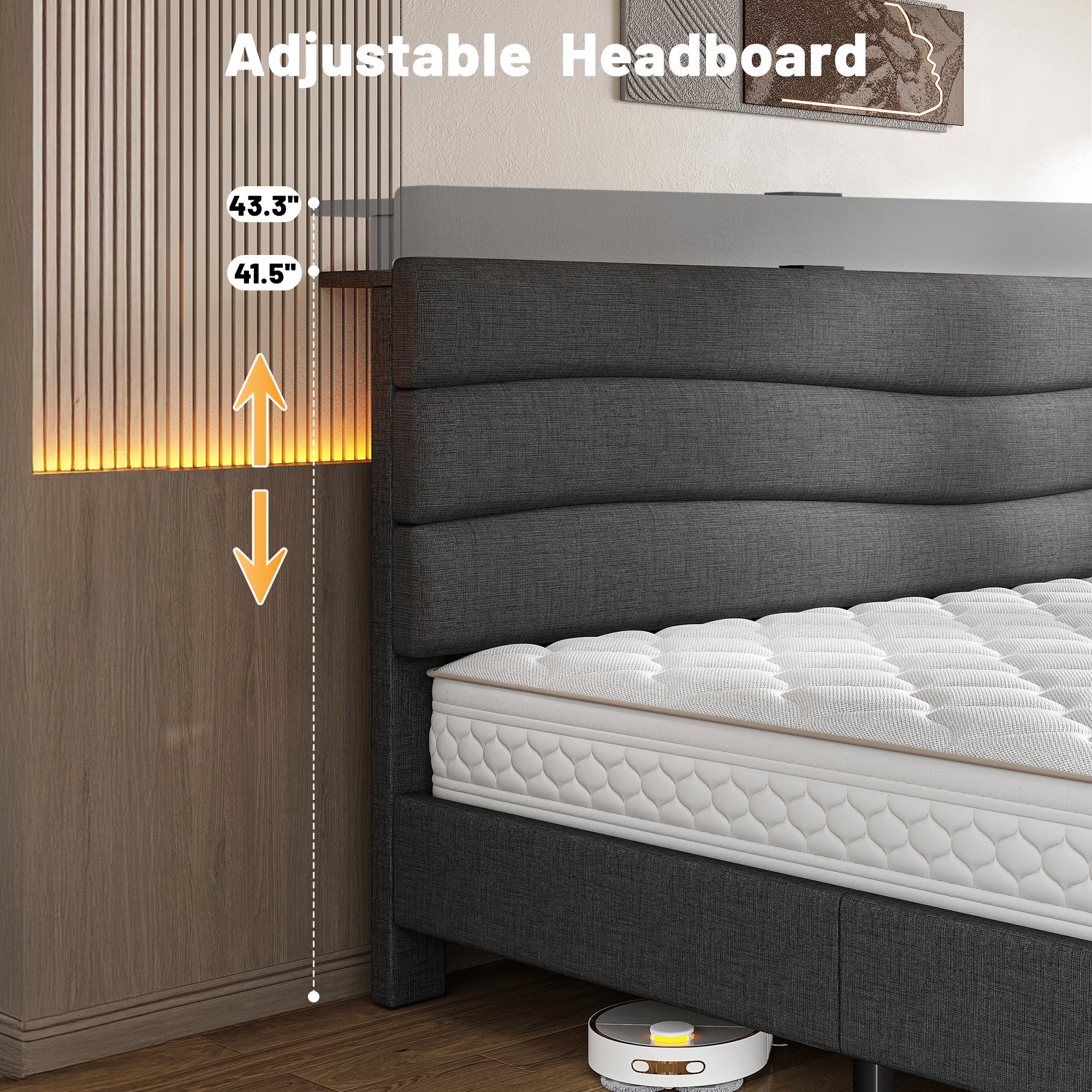 SnHomee Upholstered Bed Frame with Storage Headboard & Charging Station - USB Ports, Adjustable Fabric Headboard, Noise-Free Design, No Box Spring Needed, Back to School Beds On Sale