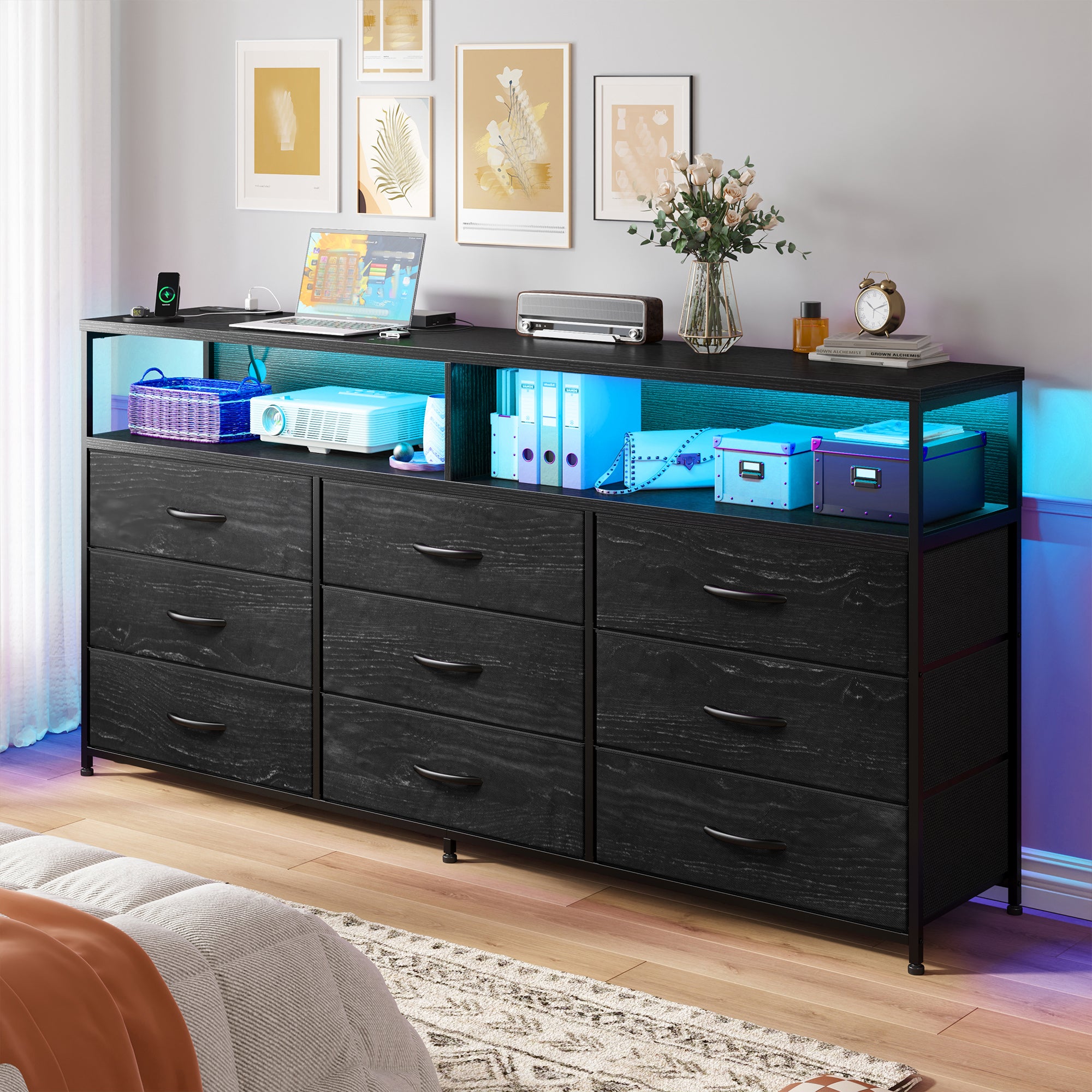 55"W Dresser TV Stand for 65" TVs | LED & Power Outlets | 9 Fabric Drawers & Wood Shelves | Bedroom/Living Room-Charcoal Black-snhomee