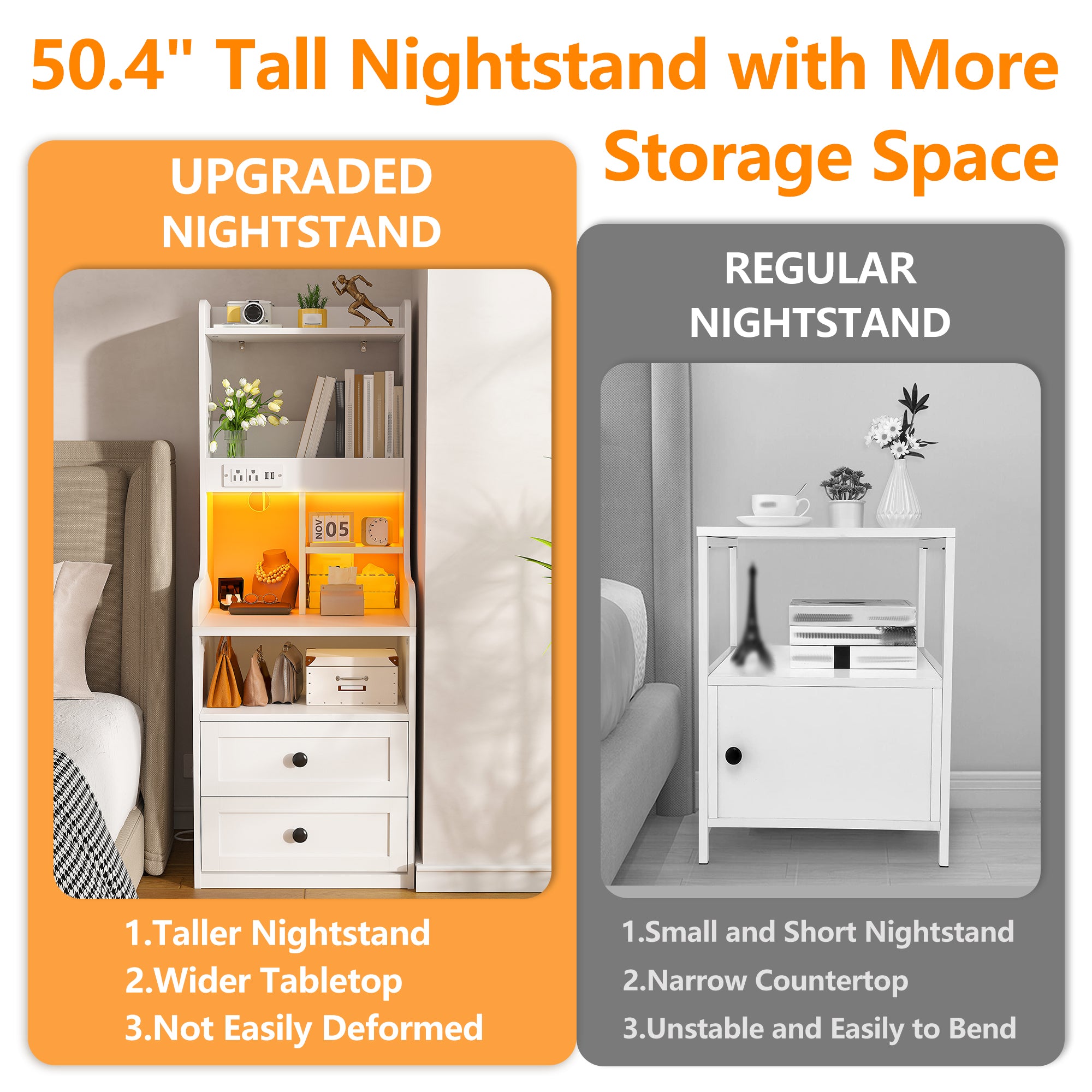 Tall White LED Nightstand with USB Charging Station & Outlets | 2 Drawers & Open Shelves Farmhouse Style Bedside Table | Wood & Metal Frame-White-snhomee