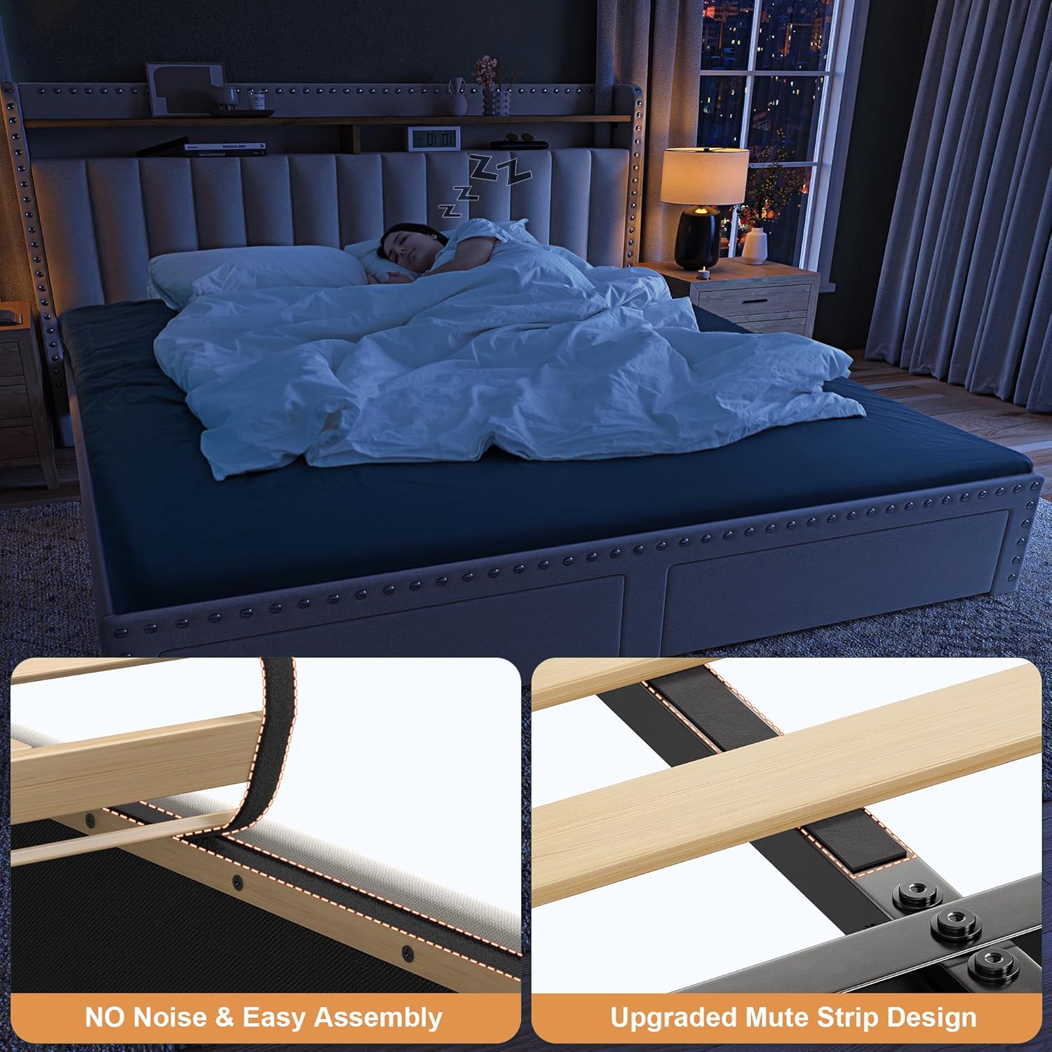 Metal Bed Frame with 2 Storage Drawers & Headboard - 900LBS Capacity, No Noise Design, Padded Platform, No Box Spring Needed, Back to School Beds On Sale