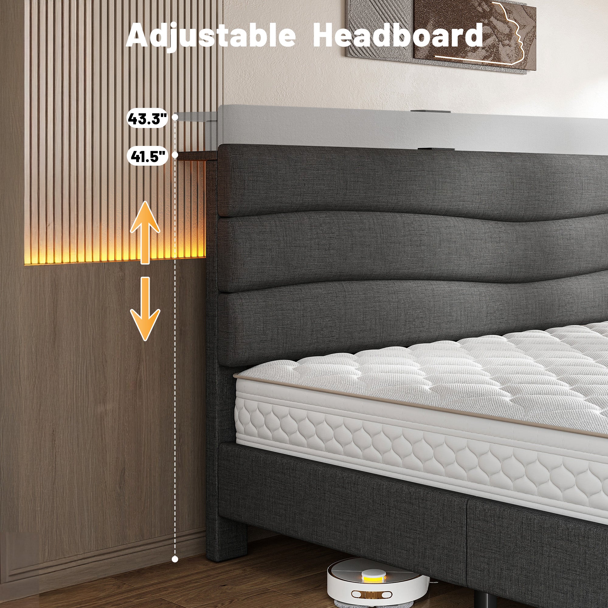 SnHomee Upholstered Bed Frame with Storage Headboard & Charging Station - USB Ports, Adjustable Fabric Headboard, Noise-Free Design, No Box Spring Needed, Back to School Beds On Sale