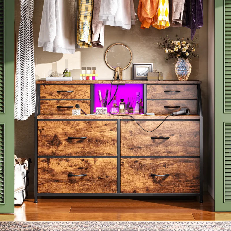 Snhomee 8-Drawer Dresser with LED Lights and Built-in Charging Station, Durable Storage Chest with Open Shelves for Bedroom, Living Room, or Hallway