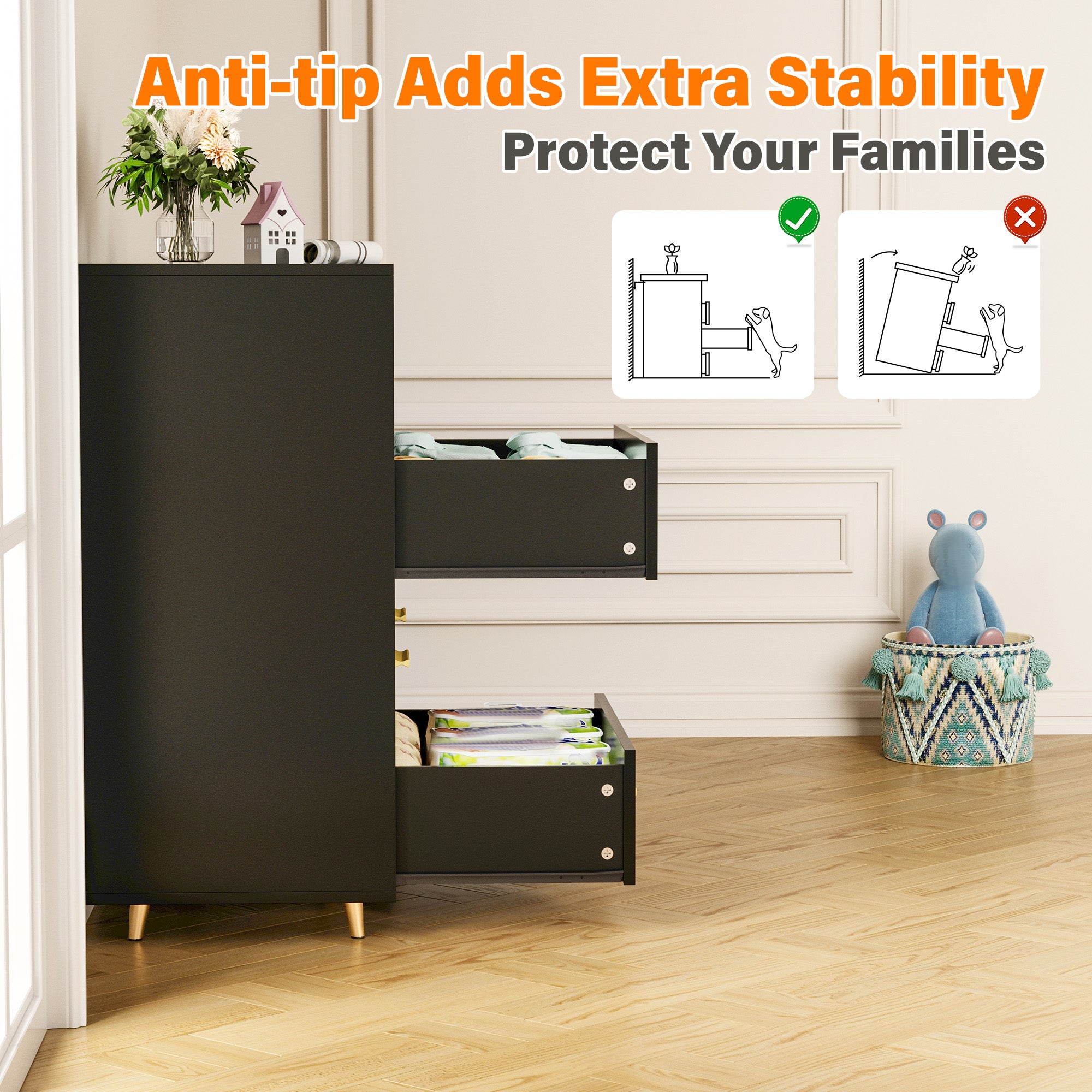 6 Drawers Dresser with LED Lights, Large TV Stand, 2 Open Shelves Top, 47"W Modern Chest with Anti-Tip Safety for Bedroom, Living Room & Small Spaces
