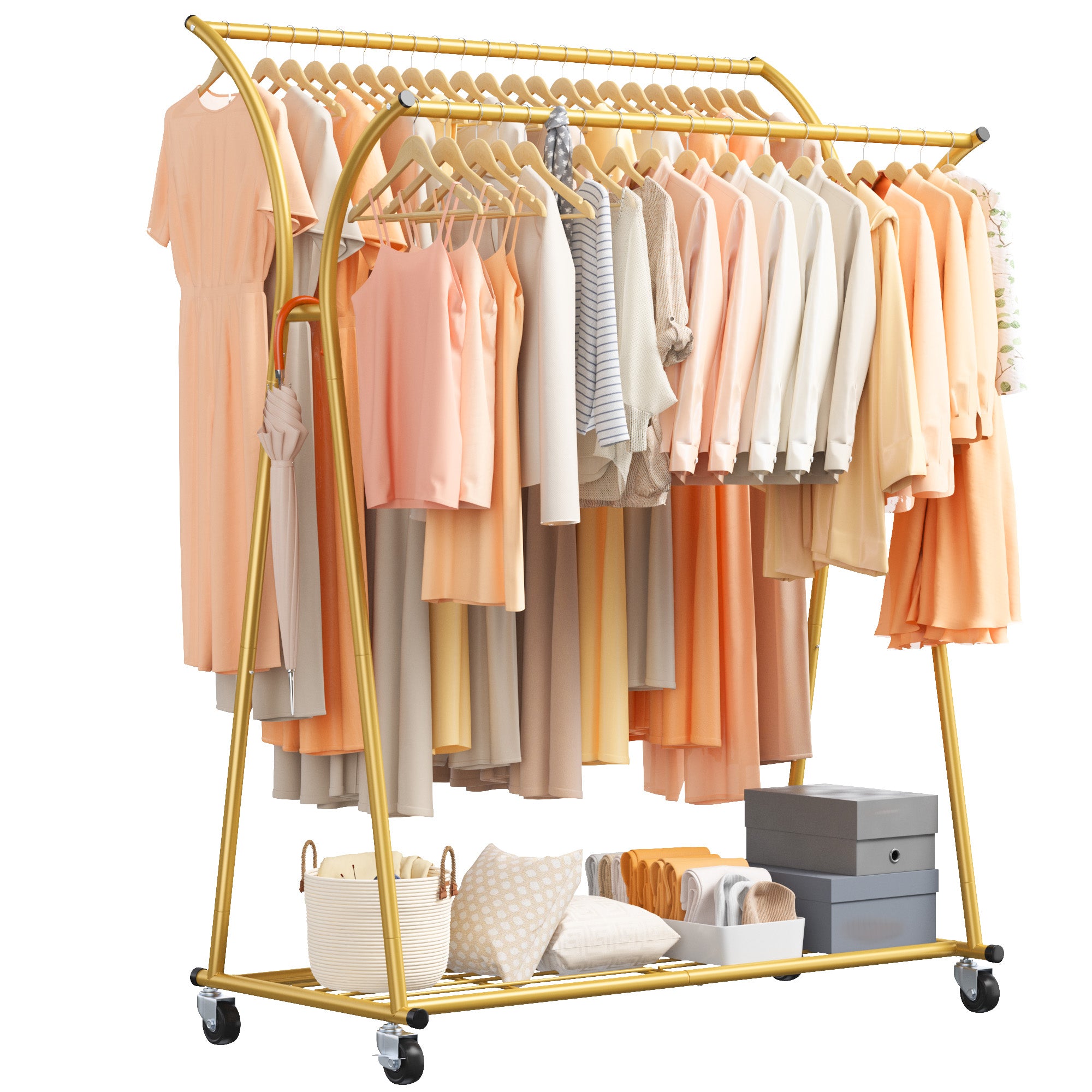 Double-Rod Clothing Rack with Wheels, Rust-Resistant Clothes Rack with Bottom Shelf & Curved Supports for Long Coats