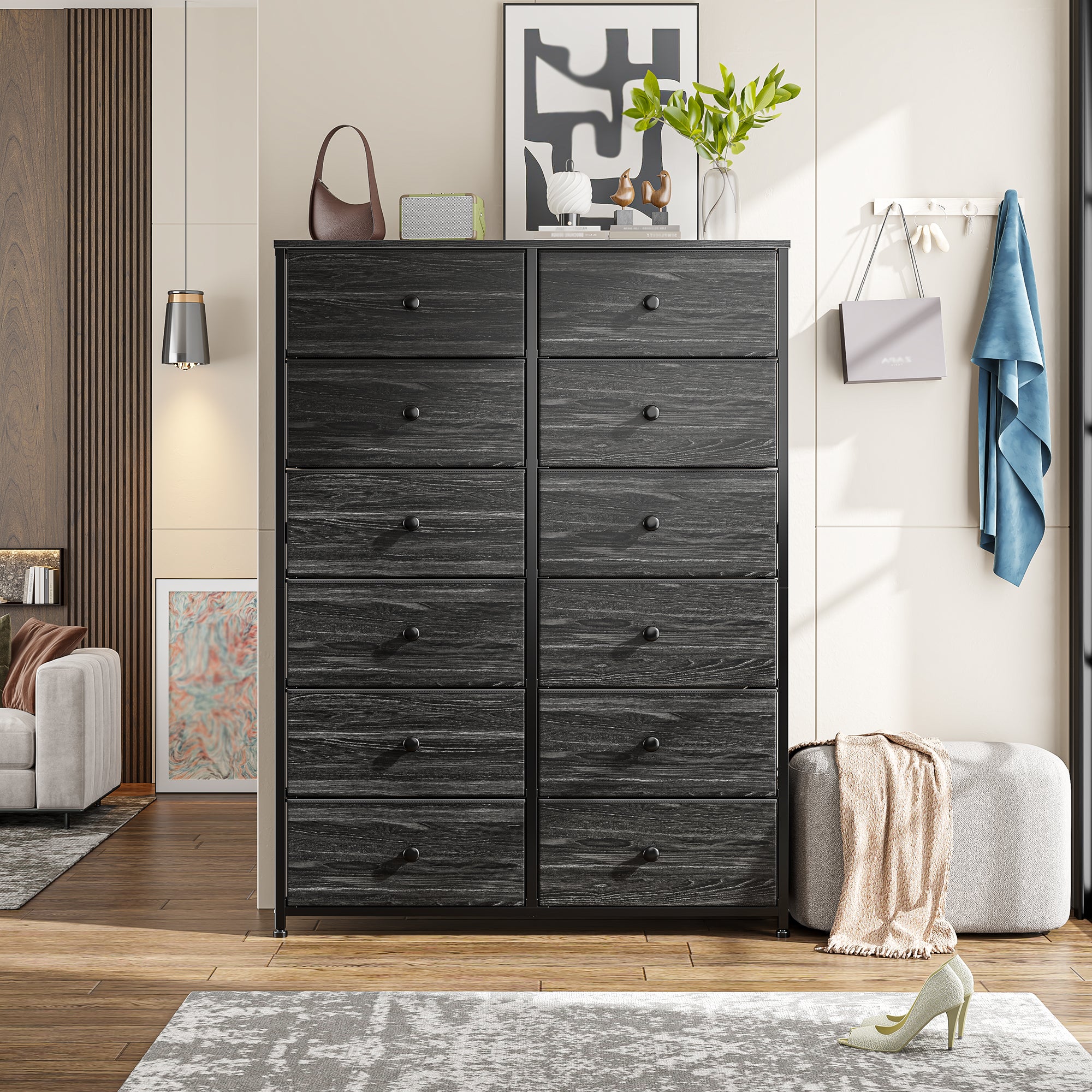 Snhomee Dresser for Bedroom with 12 Drawers, Large Storage Organizer Chest, Large Fabric Dressers & Chest of Drawers with Sturdy Metal Frame, Wood Top, Closet, Entryway, Hallway
