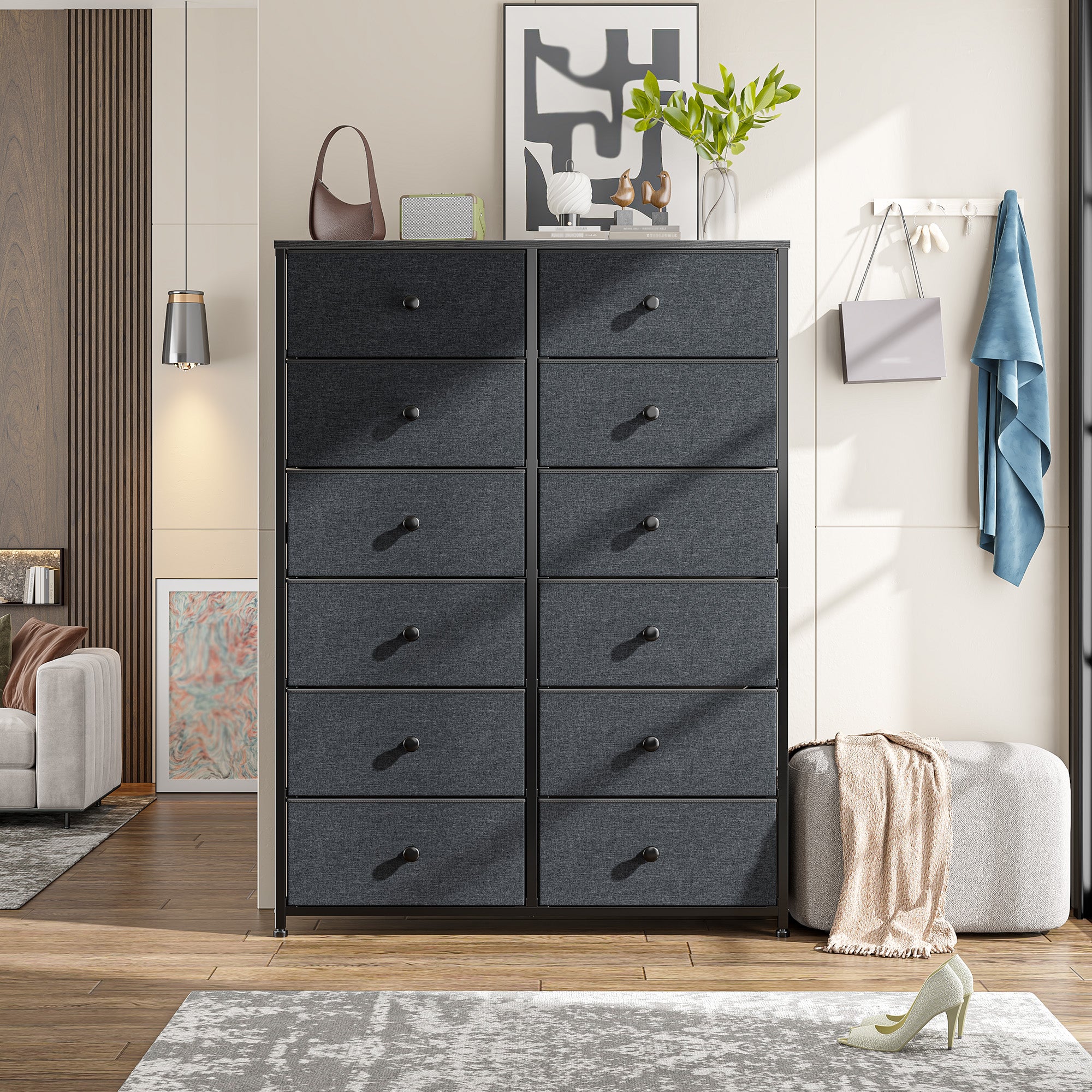 Snhomee Dresser for Bedroom with 12 Drawers, Large Storage Organizer Chest, Large Fabric Dressers & Chest of Drawers with Sturdy Metal Frame, Wood Top, Closet, Entryway, Hallway