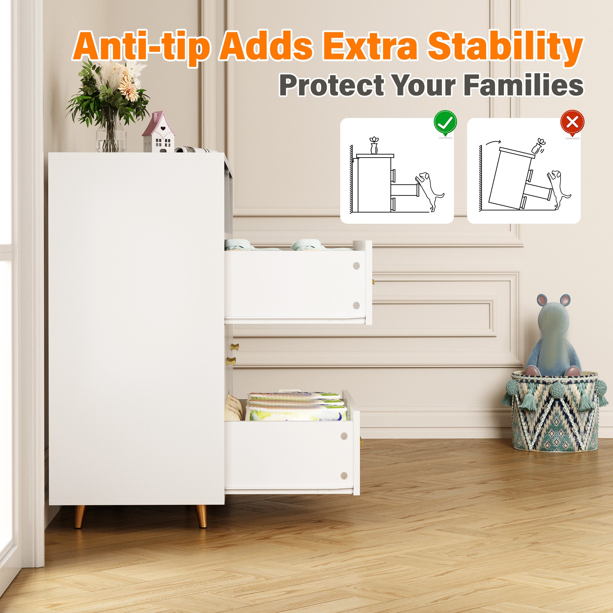 6 Drawers Dresser with LED Lights, Large TV Stand, 2 Open Shelves Top, 47"W Modern Chest with Anti-Tip Safety for Bedroom, Living Room & Small Spaces