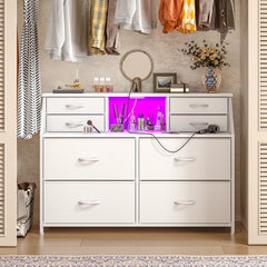 Snhomee 8-Drawer Dresser with LED Lights and Built-in Charging Station, Durable Storage Chest with Open Shelves for Bedroom, Living Room, or Hallway