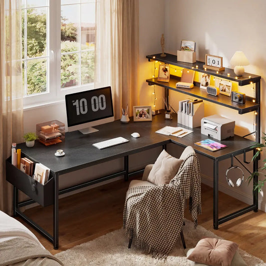 Snhomee L-Shaped Computer Desk with 2-Tier Storage Shelf, Built-in LED Lights & Power Outlets, Reversible Gaming Desk for Bedroom or Home Office, Easy Assembly 1200