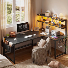Snhomee L-Shaped Computer Desk with 2-Tier Storage Shelf, Built-in LED Lights & Power Outlets, Reversible Gaming Desk for Bedroom or Home Office, Easy Assembly