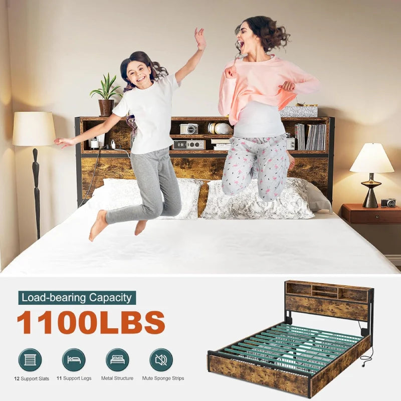 Metal Bed Frame with 6 Storage Drawers Headboards with Charging Station, Full/Queen-Bed Frame-Queen Size-snhomee