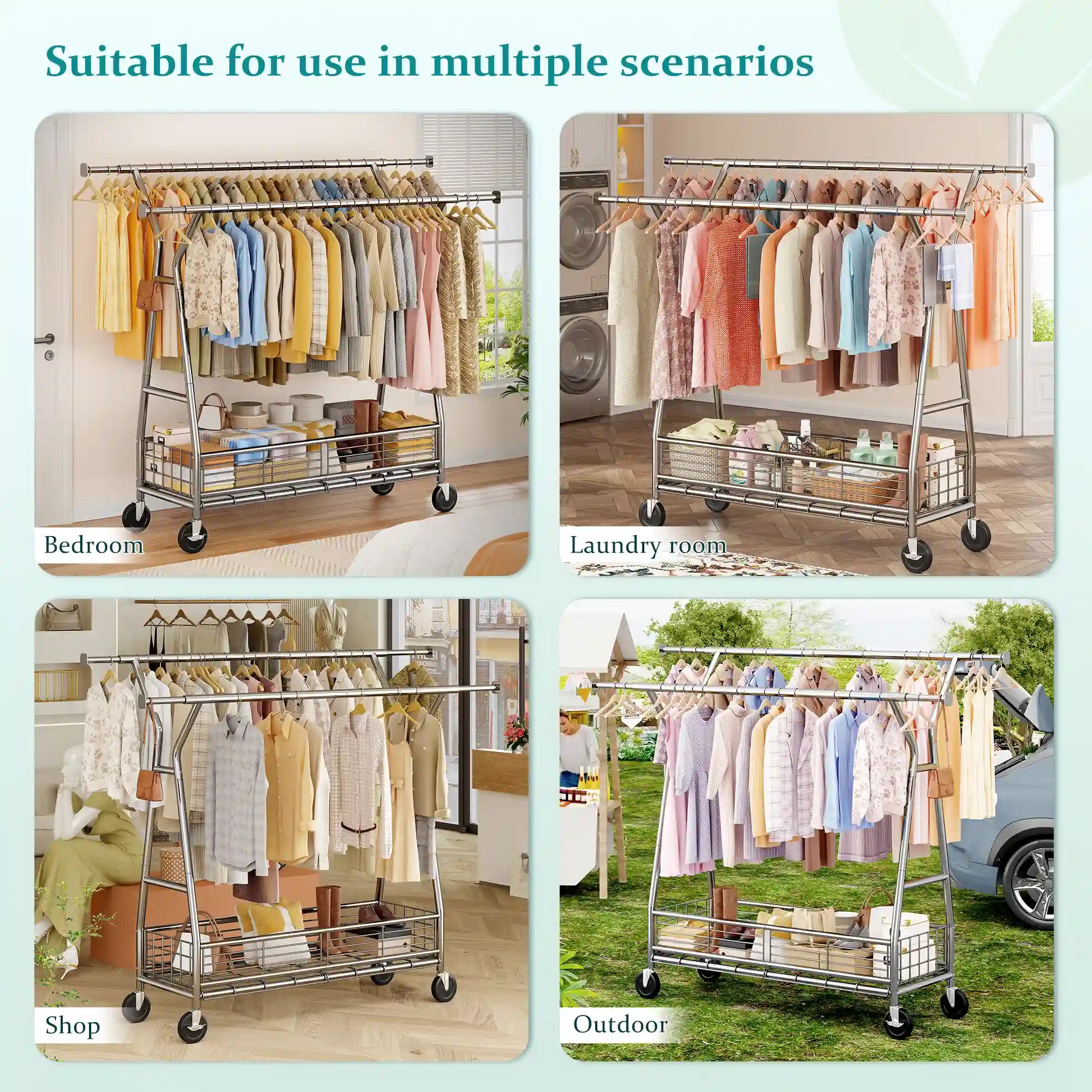 Snhomee 630 lbs Heavy Duty Rolling Garment Rack with Shelves, 70"H  Space-Saving Commercial Clothing Rack for Bedroom, Closet, Laundry, Commercial