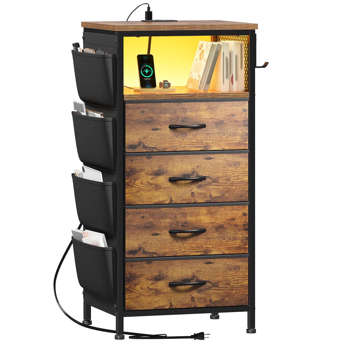 Bedside Table with Charging Station & LED Lights - Nightstand, 4-Drawer Fabric Dresser Organizer with Pockets for Bedroom/Closet/Hallway (Brown)-Brown-1-snhomee