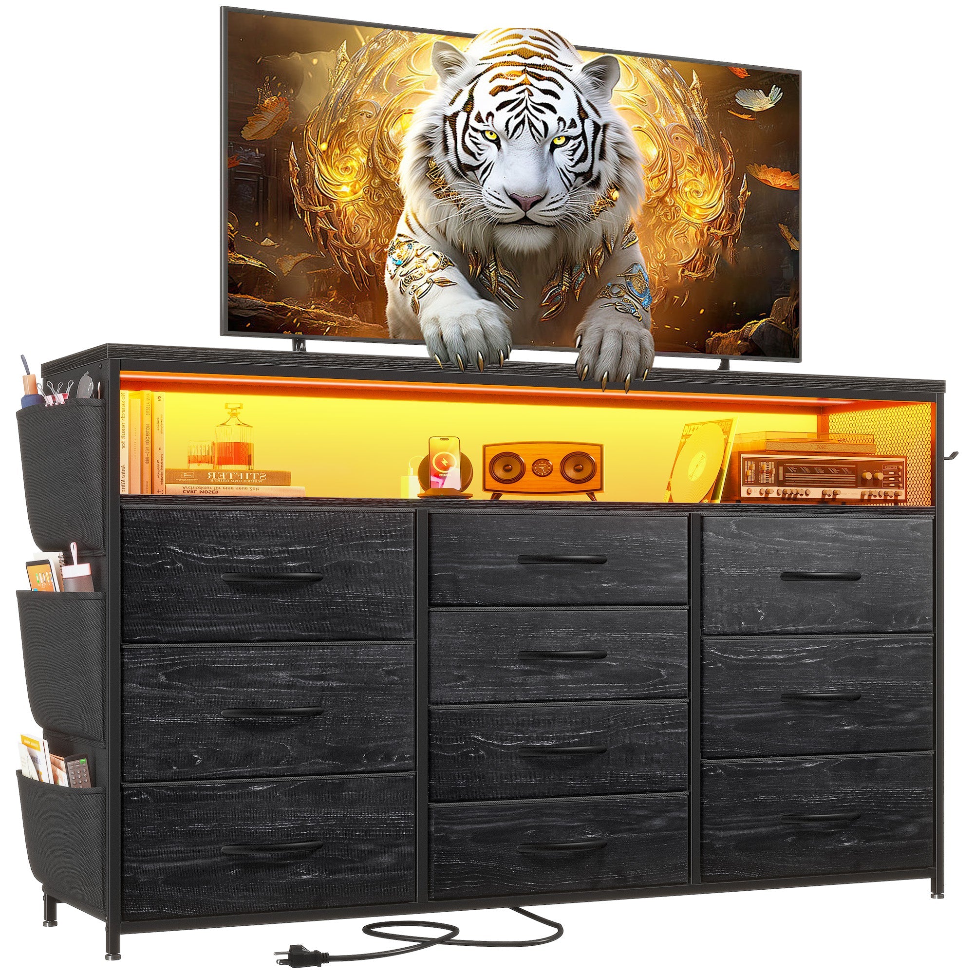55" Smart TV Stand & Dresser | 10-Drawer Storage with LED Lights & Outlets | Metal/Wood Frame-Black-snhomee