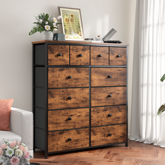 Snhomee 12-Drawer Tall Dresser for Bedroom  - Fabric & Metal Storage Organizer with Wood Top, Anti-Tip Design, Space-Saving, Closet, Entryway, Dorm Furniture, Back to school 2000