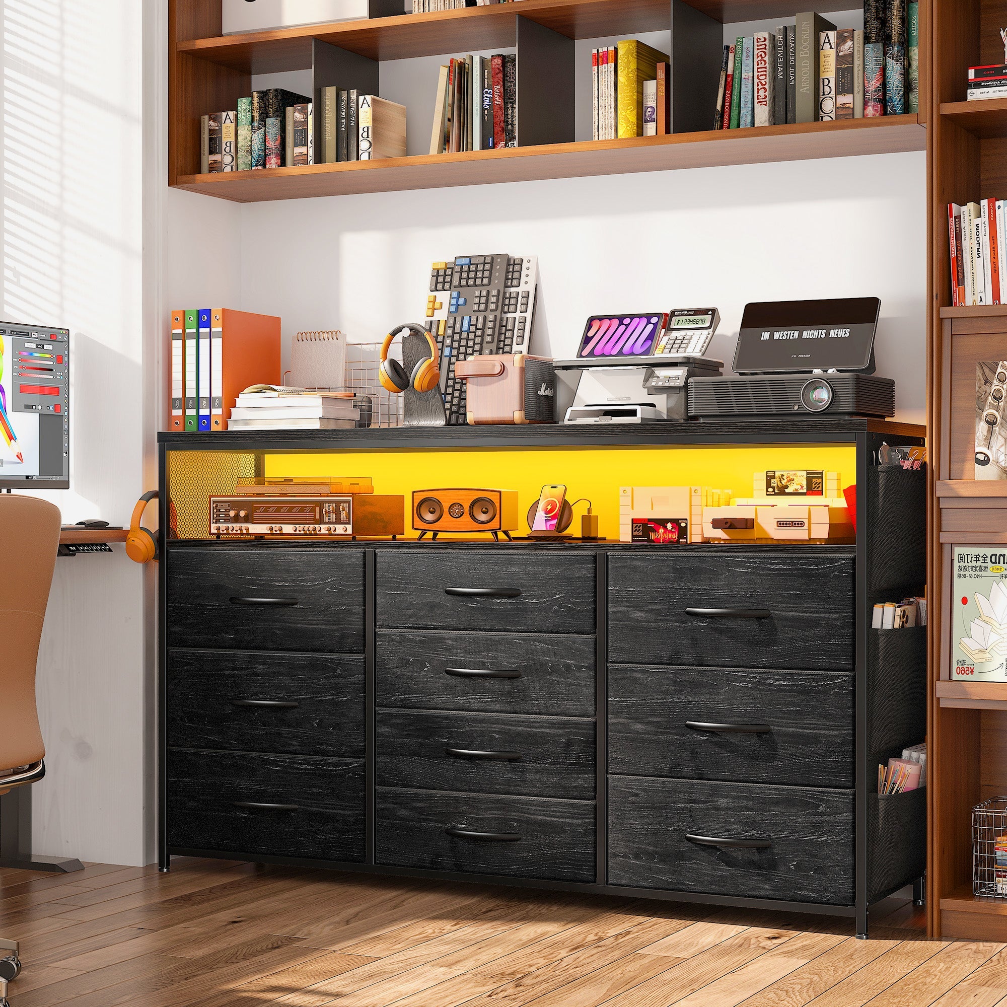 55" Smart TV Stand & Dresser | 10-Drawer Storage with LED Lights & Outlets | Metal/Wood Frame-Black-snhomee