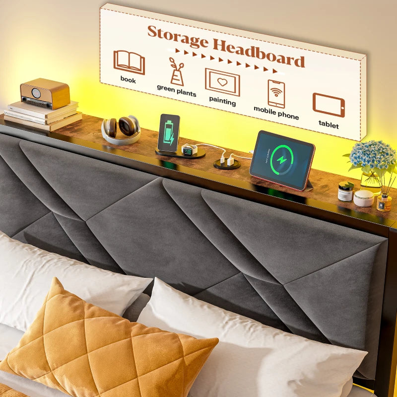 Bed Frame with Bed Frame with  and 6 Storage Drawers, Bed Frame with Upholstered Headboard Built in Charging Station,Noise-Free,Easy Assembly